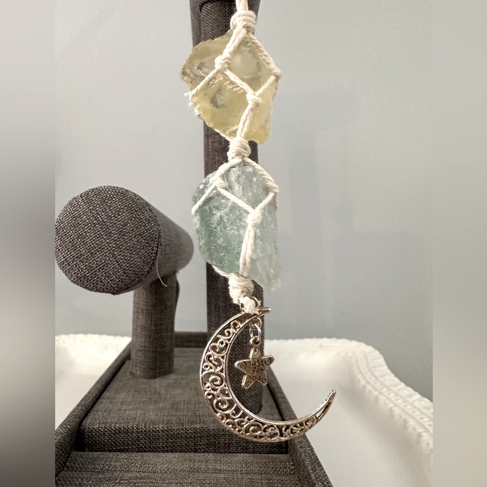 Gorgeous silver moon & star hanger with Green & Yellow raw Fluorite
